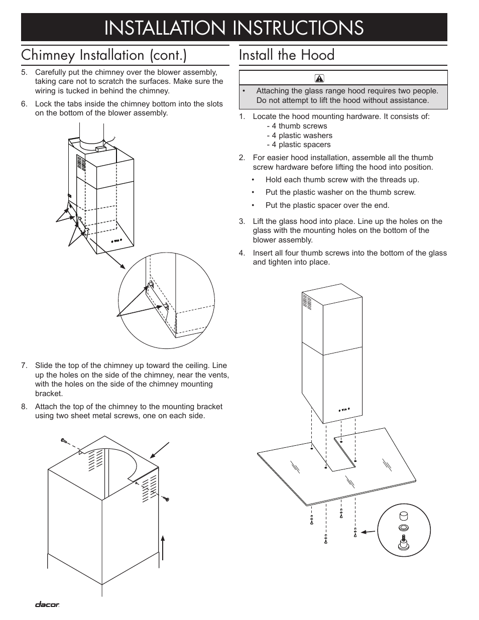 Installation instructions, Install the hood, Chimney installation (cont.) | Dacor Preference PHW User Manual | Page 12 / 16