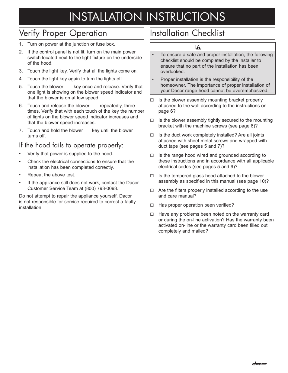 Installation instructions, Installation checklist, Verify proper operation | If the hood fails to operate properly | Dacor Preference PHW User Manual | Page 13 / 16