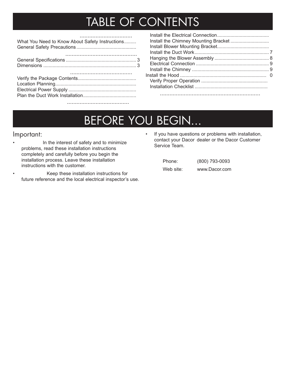 Table of contents before you begin, Important | Dacor Preference PHW User Manual | Page 2 / 16