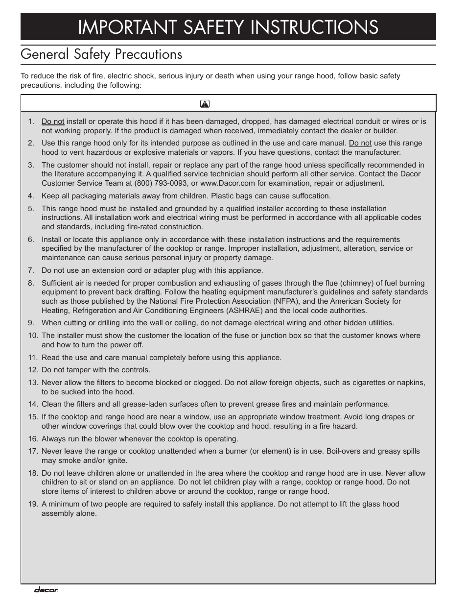 Important safety instructions, General safety precautions | Dacor Preference PHW User Manual | Page 4 / 16