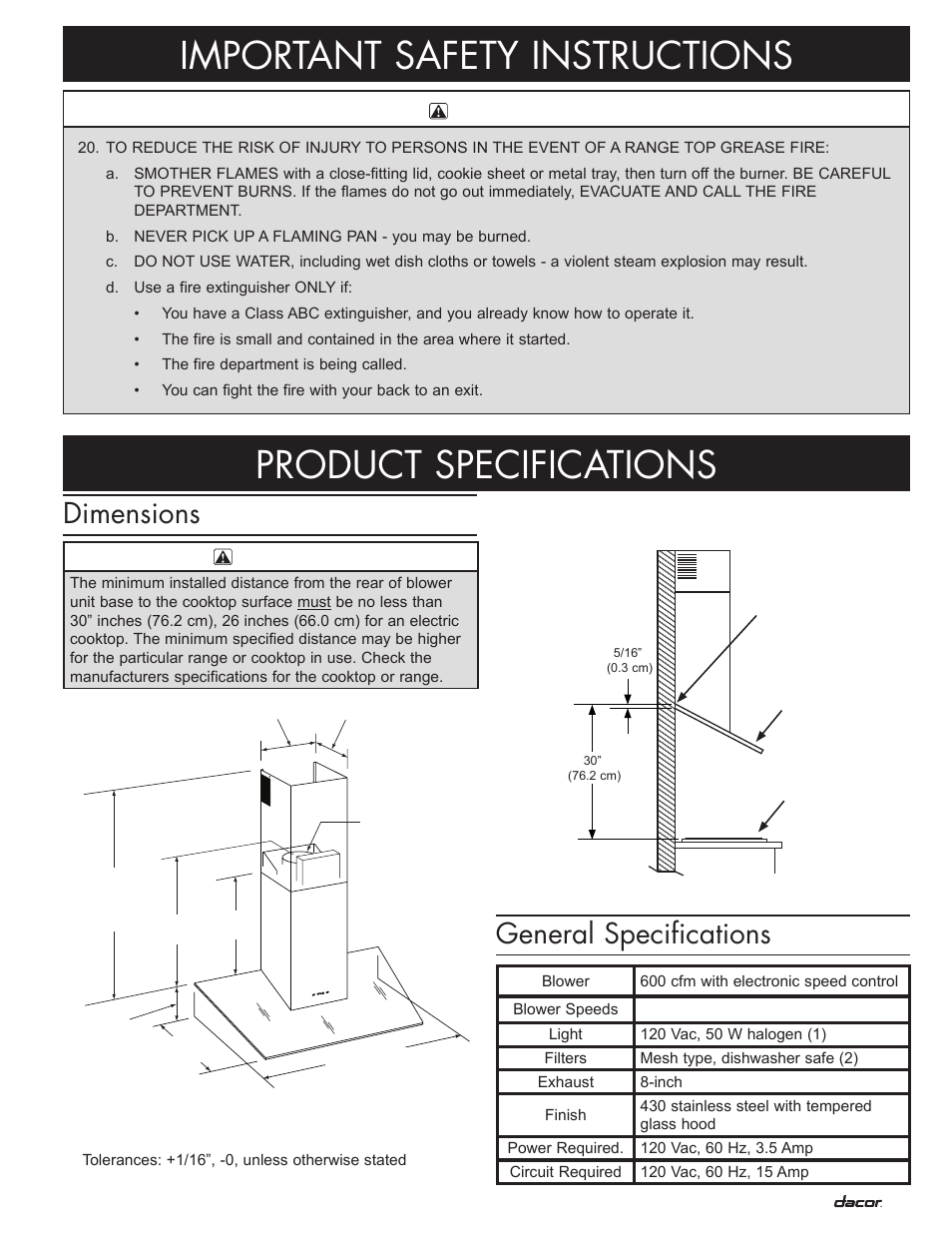 Important safety instructions, Product specifications, General specifications | Dimensions | Dacor Preference PHW User Manual | Page 5 / 16