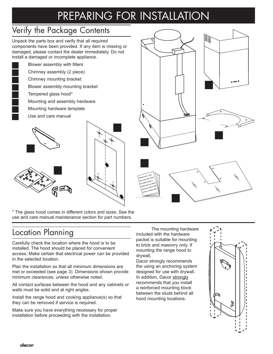 Preparing for installation, Location planning, Verify the package contents | Dacor Preference PHW User Manual | Page 6 / 16