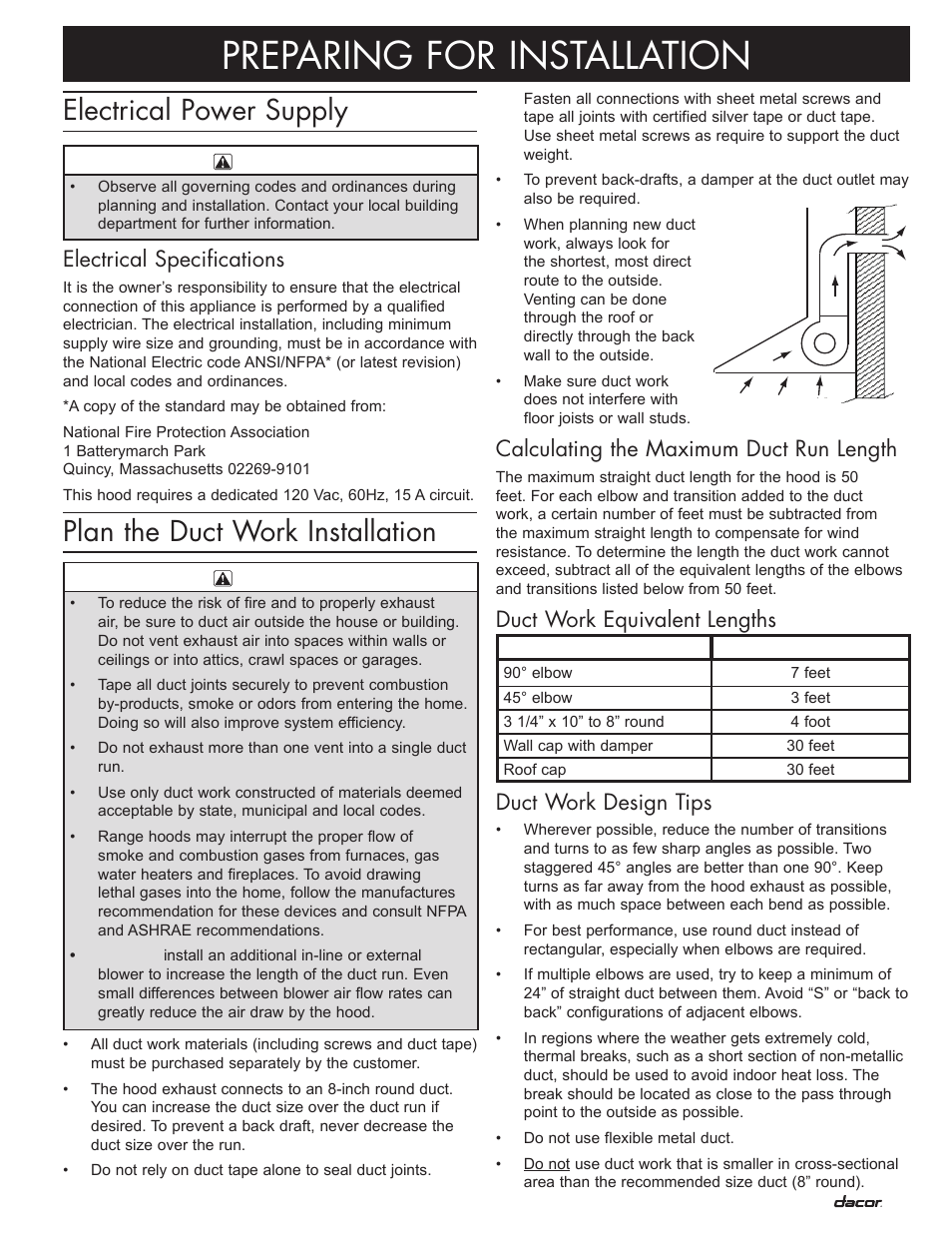 Preparing for installation, Electrical power supply, Plan the duct work installation | Calculating the maximum duct run length, Duct work equivalent lengths, Duct work design tips, Electrical specifications | Dacor Preference PHW User Manual | Page 7 / 16