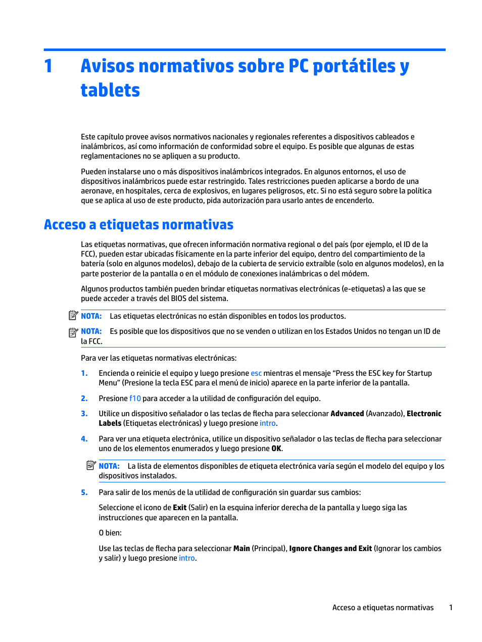 Avisos normativos sobre pc portátiles y tablets, Acceso a etiquetas normativas, 1 avisos normativos sobre pc portátiles y tablets | 1avisos normativos sobre pc portátiles y tablets | HP EliteBook 840 G3 User Manual | Page 11 / 77