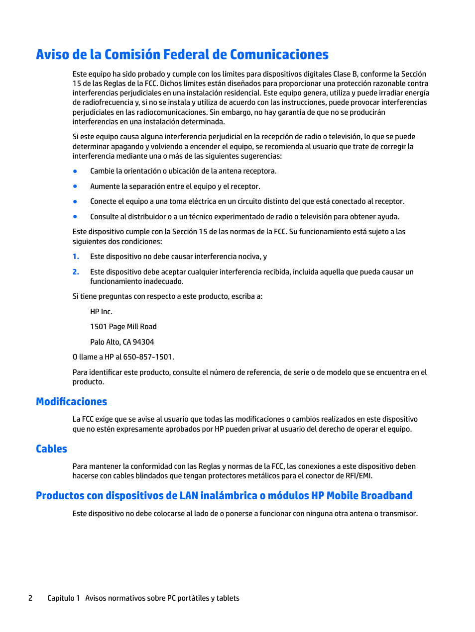Aviso de la comisión federal de comunicaciones, Modificaciones, Cables | HP EliteBook 840 G3 User Manual | Page 12 / 77
