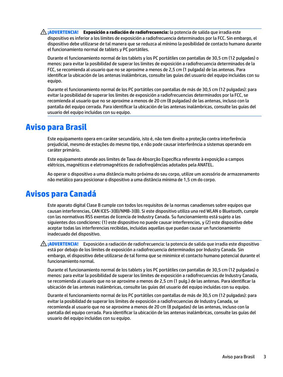 Aviso para brasil, Avisos para canadá, Aviso para brasil avisos para canadá | HP EliteBook 840 G3 User Manual | Page 13 / 77