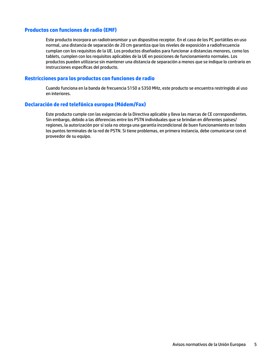 Productos con funciones de radio (emf), Declaración de red telefónica europea (módem/fax) | HP EliteBook 840 G3 User Manual | Page 15 / 77