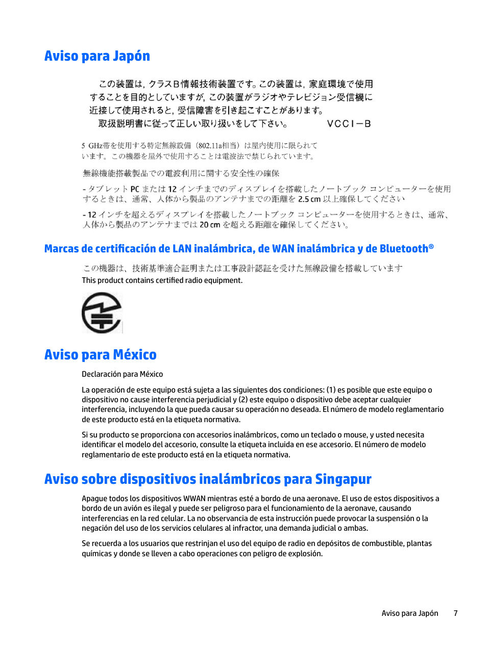 Aviso para japón, Aviso para méxico | HP EliteBook 840 G3 User Manual | Page 17 / 77