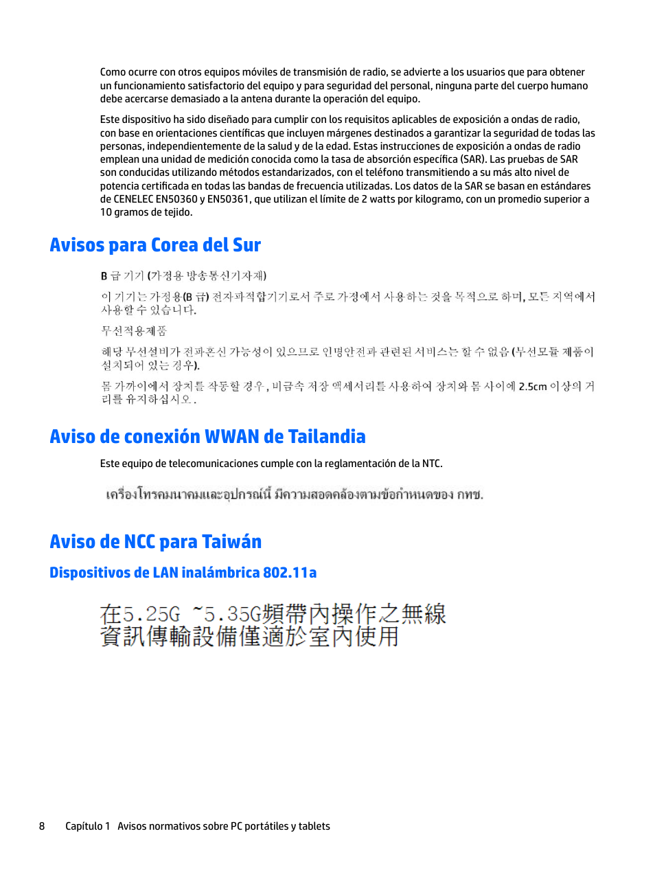 Avisos para corea del sur, Aviso de conexión wwan de tailandia, Aviso de ncc para taiwán | Dispositivos de lan inalámbrica 802.11a | HP EliteBook 840 G3 User Manual | Page 18 / 77