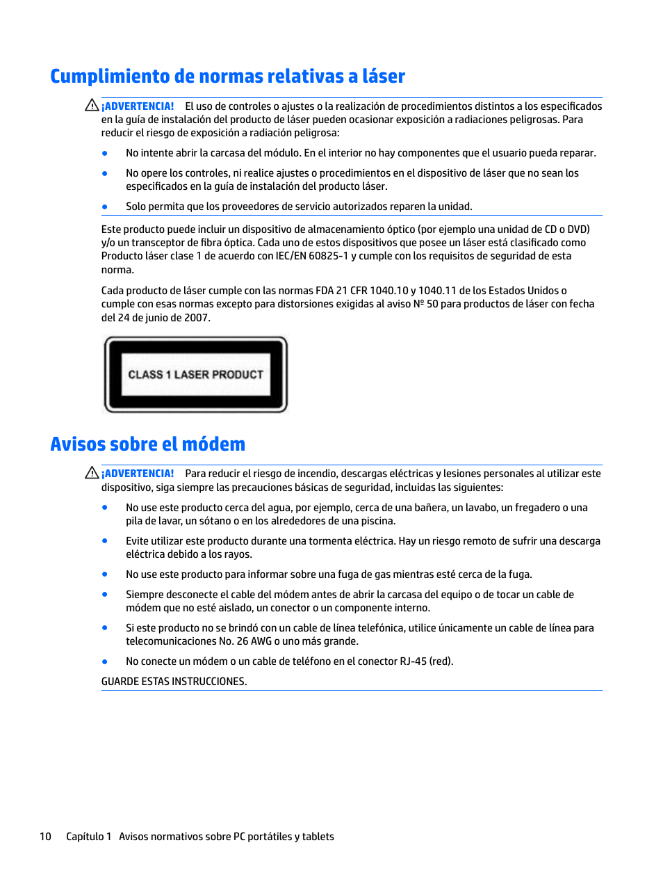 Cumplimiento de normas relativas a láser, Avisos sobre el módem | HP EliteBook 840 G3 User Manual | Page 20 / 77