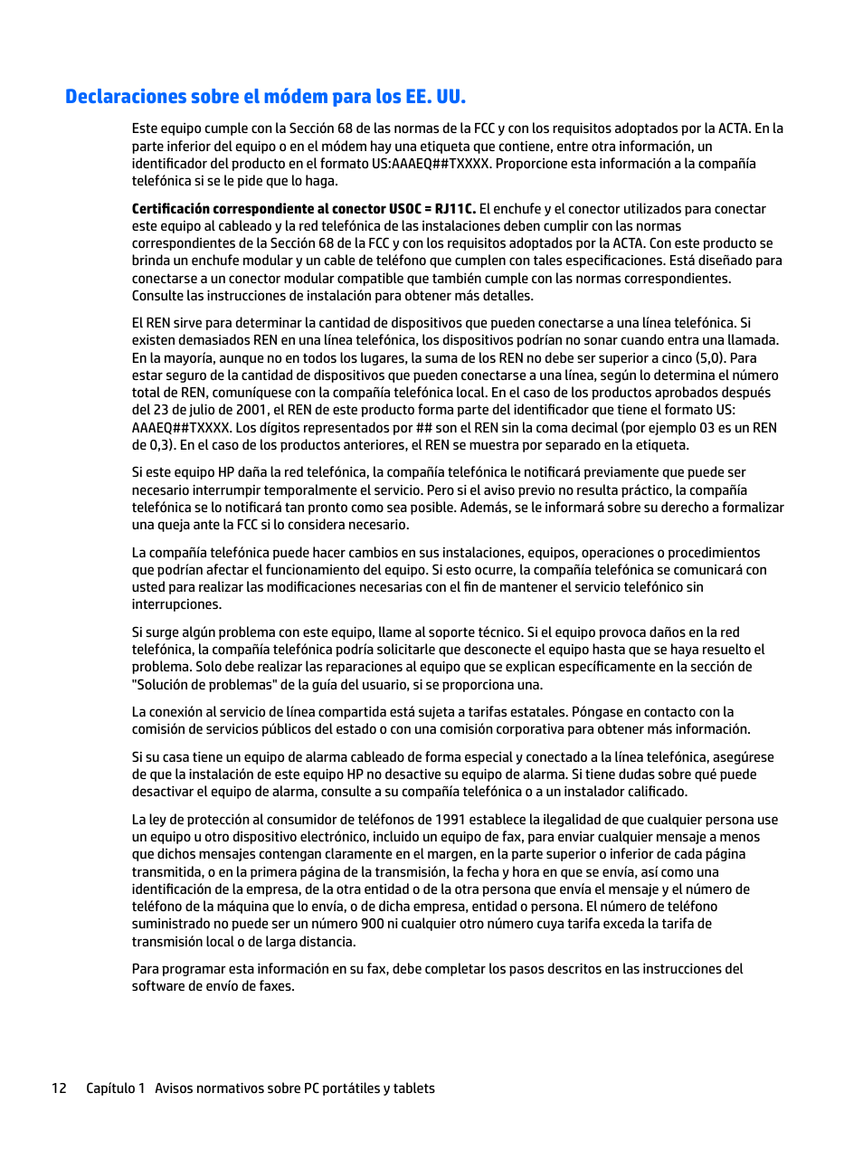 Declaraciones sobre el módem para los ee. uu | HP EliteBook 840 G3 User Manual | Page 22 / 77