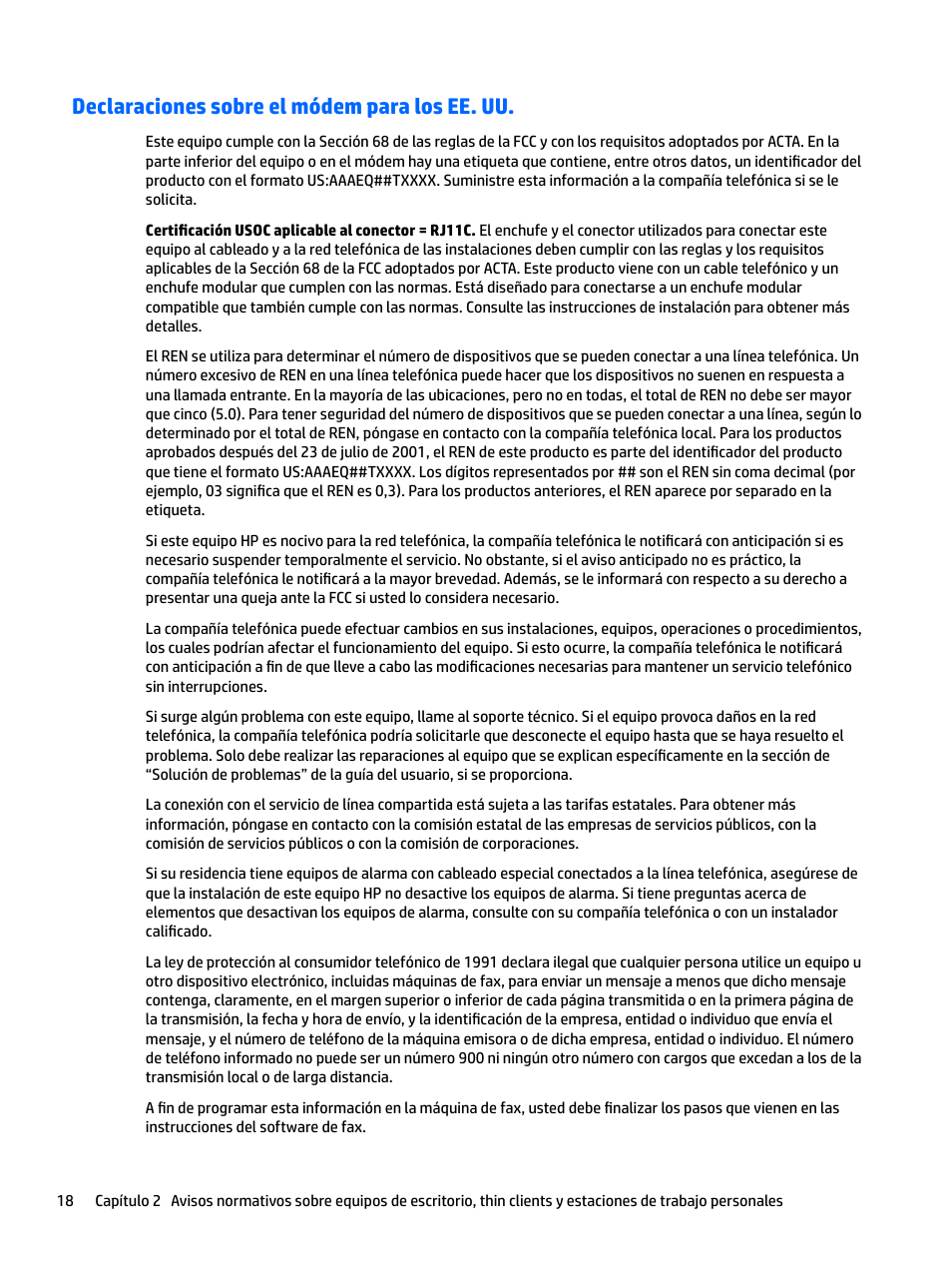 Declaraciones sobre el módem para los ee. uu | HP EliteBook 840 G3 User Manual | Page 28 / 77