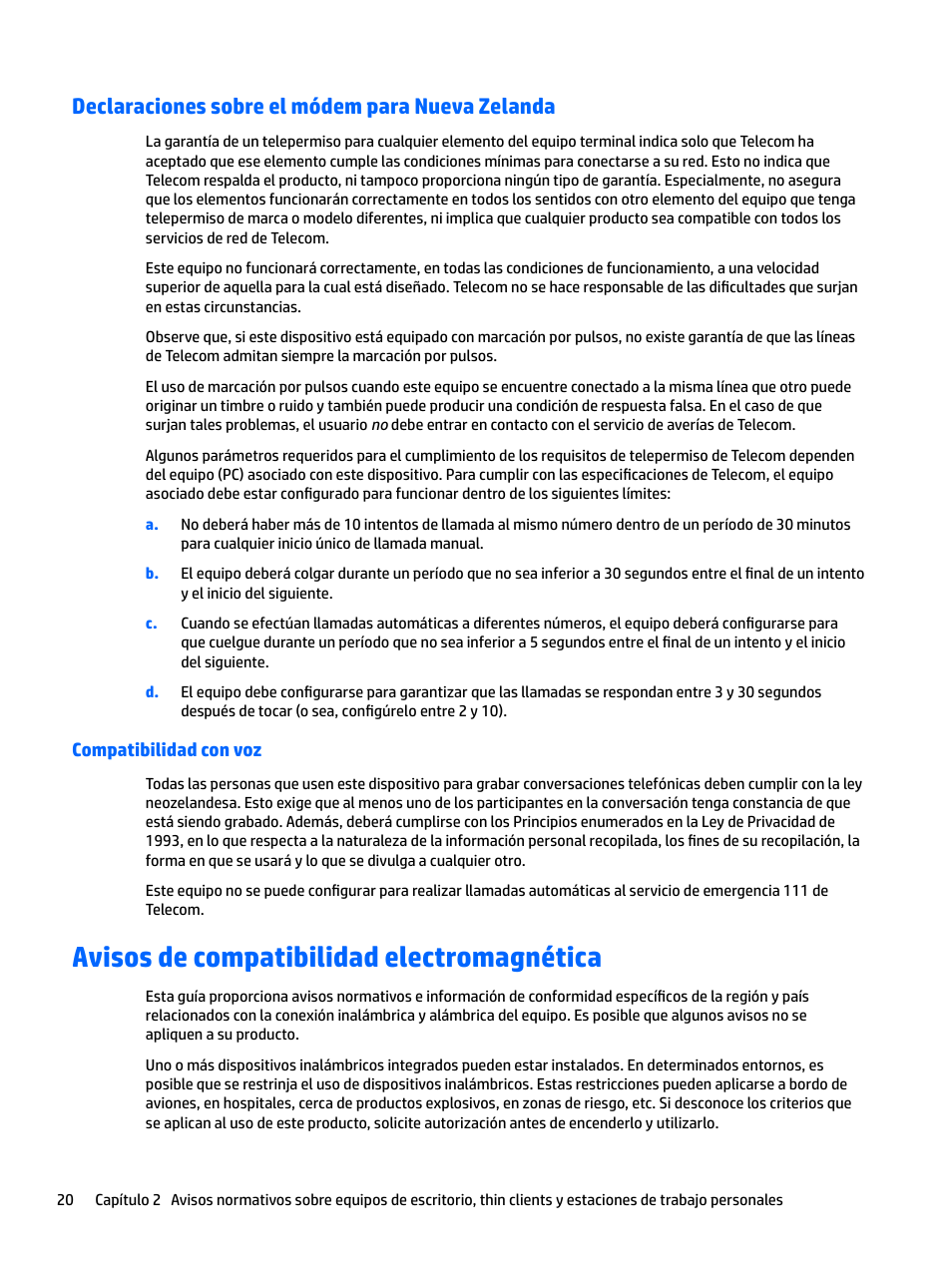 Declaraciones sobre el módem para nueva zelanda, Compatibilidad con voz, Avisos de compatibilidad electromagnética | HP EliteBook 840 G3 User Manual | Page 30 / 77