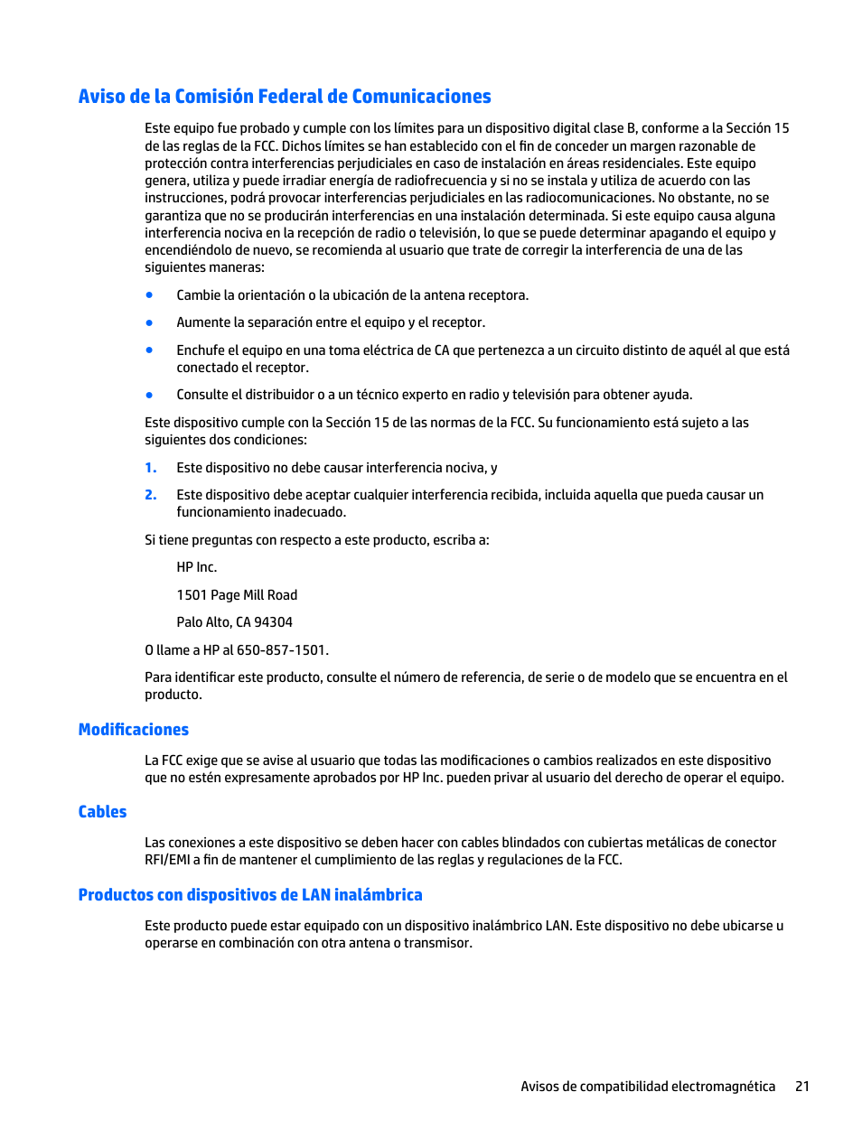 Aviso de la comisión federal de comunicaciones, Modificaciones, Cables | Productos con dispositivos de lan inalámbrica | HP EliteBook 840 G3 User Manual | Page 31 / 77