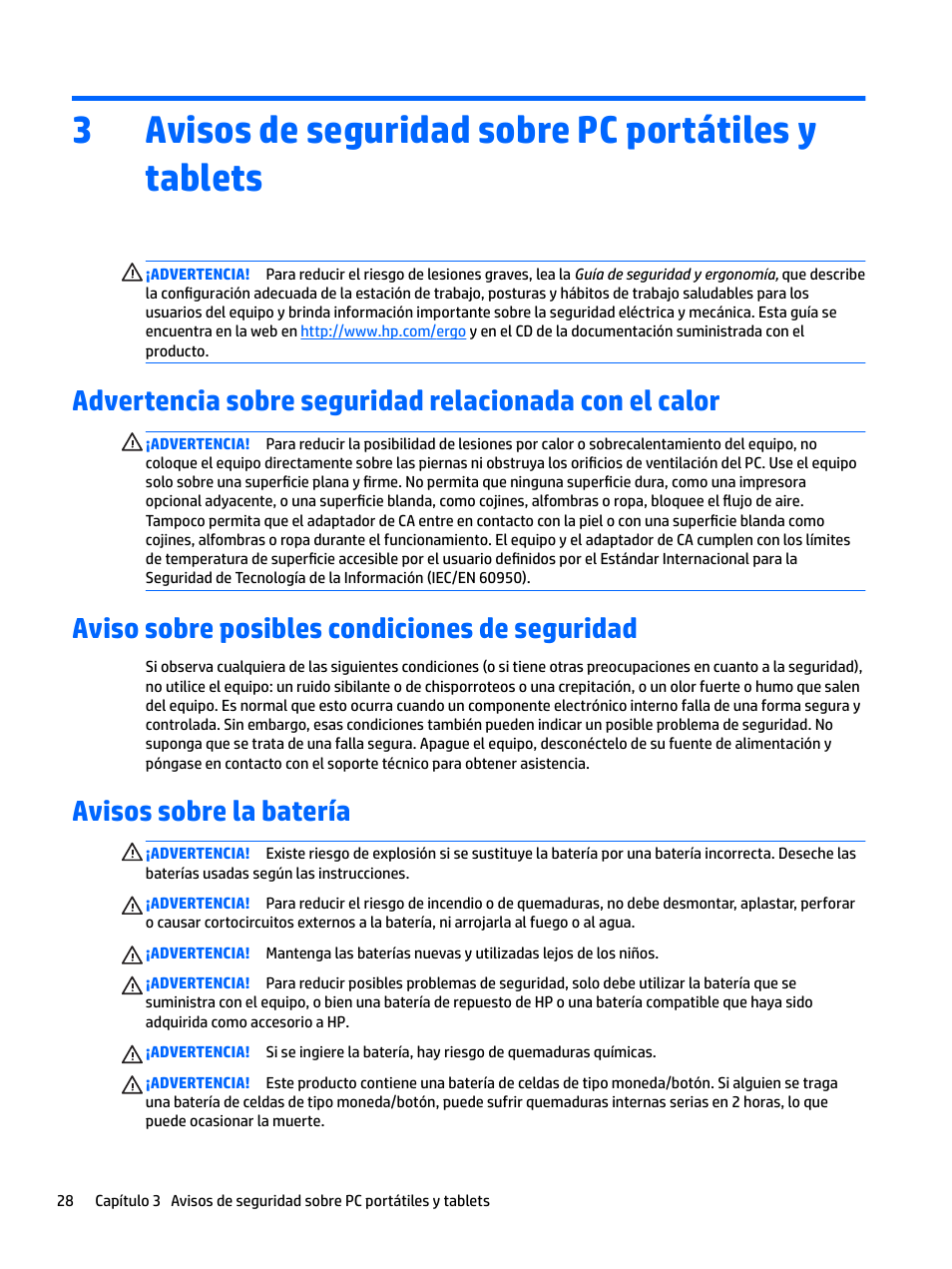 Avisos de seguridad sobre pc portátiles y tablets, Aviso sobre posibles condiciones de seguridad, Avisos sobre la batería | 3avisos de seguridad sobre pc portátiles y tablets | HP EliteBook 840 G3 User Manual | Page 38 / 77