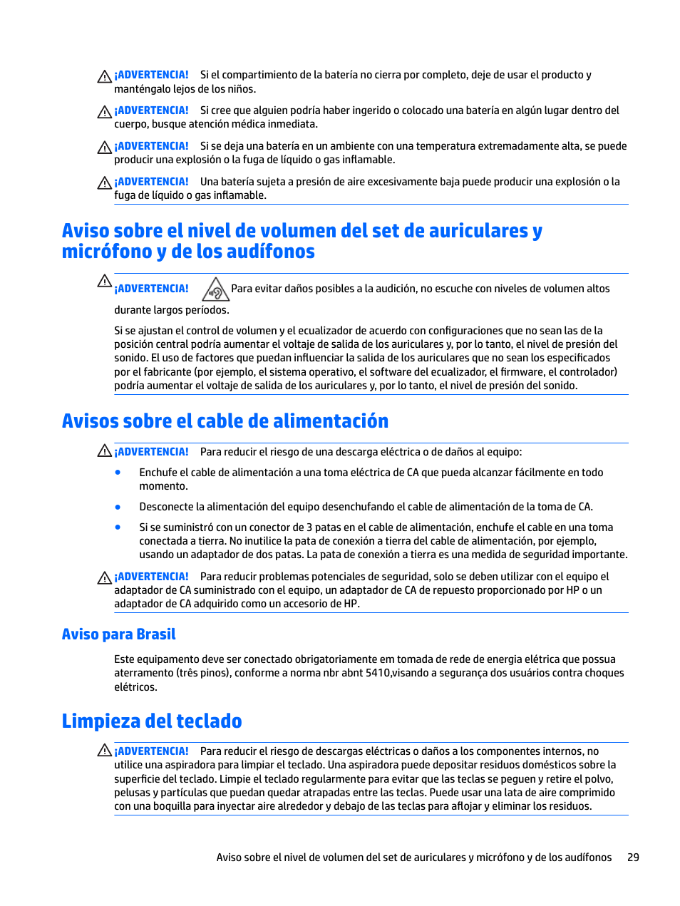 Avisos sobre el cable de alimentación, Aviso para brasil, Limpieza del teclado | HP EliteBook 840 G3 User Manual | Page 39 / 77