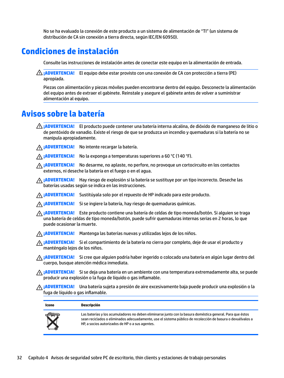 Condiciones de instalación, Avisos sobre la batería, Condiciones de instalación avisos sobre la batería | HP EliteBook 840 G3 User Manual | Page 42 / 77