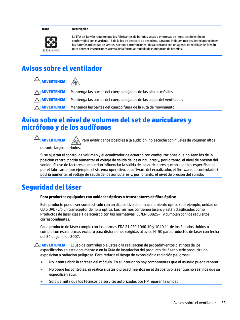 Avisos sobre el ventilador, Seguridad del láser | HP EliteBook 840 G3 User Manual | Page 43 / 77