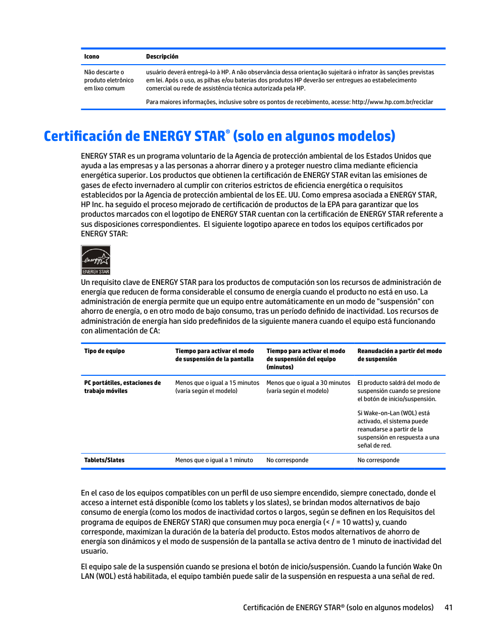 Certificación de energy star, Solo en algunos modelos) | HP EliteBook 840 G3 User Manual | Page 51 / 77