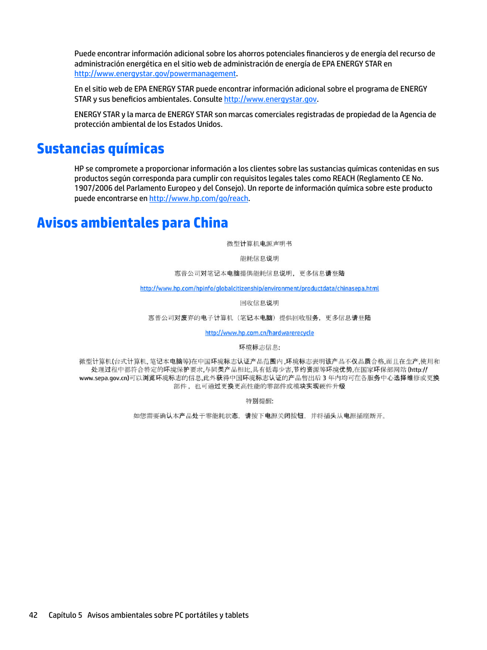 Sustancias químicas, Avisos ambientales para china, Sustancias químicas avisos ambientales para china | HP EliteBook 840 G3 User Manual | Page 52 / 77