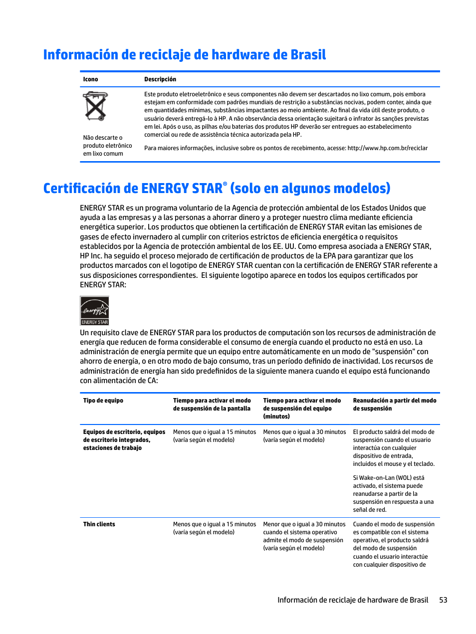 Información de reciclaje de hardware de brasil, Certificación de energy star, Solo en algunos modelos) | HP EliteBook 840 G3 User Manual | Page 63 / 77