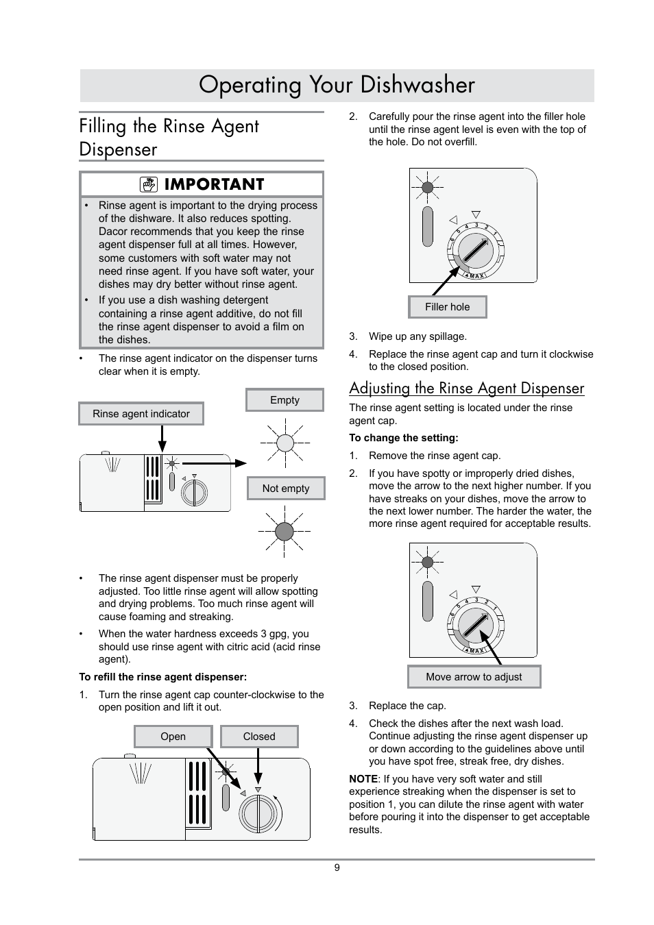 Operating your dishwasher, Filling the rinse agent dispenser, Adjusting the rinse agent dispenser | Important | Dacor DDWF24S User Manual | Page 11 / 24