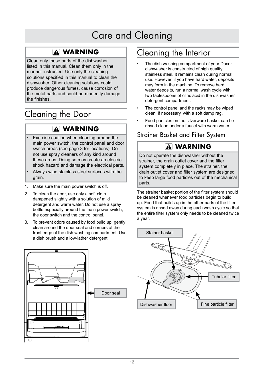Care and cleaning, Cleaning the interior, Cleaning the door | Strainer basket and filter system warning, Warning | Dacor DDWF24S User Manual | Page 14 / 24