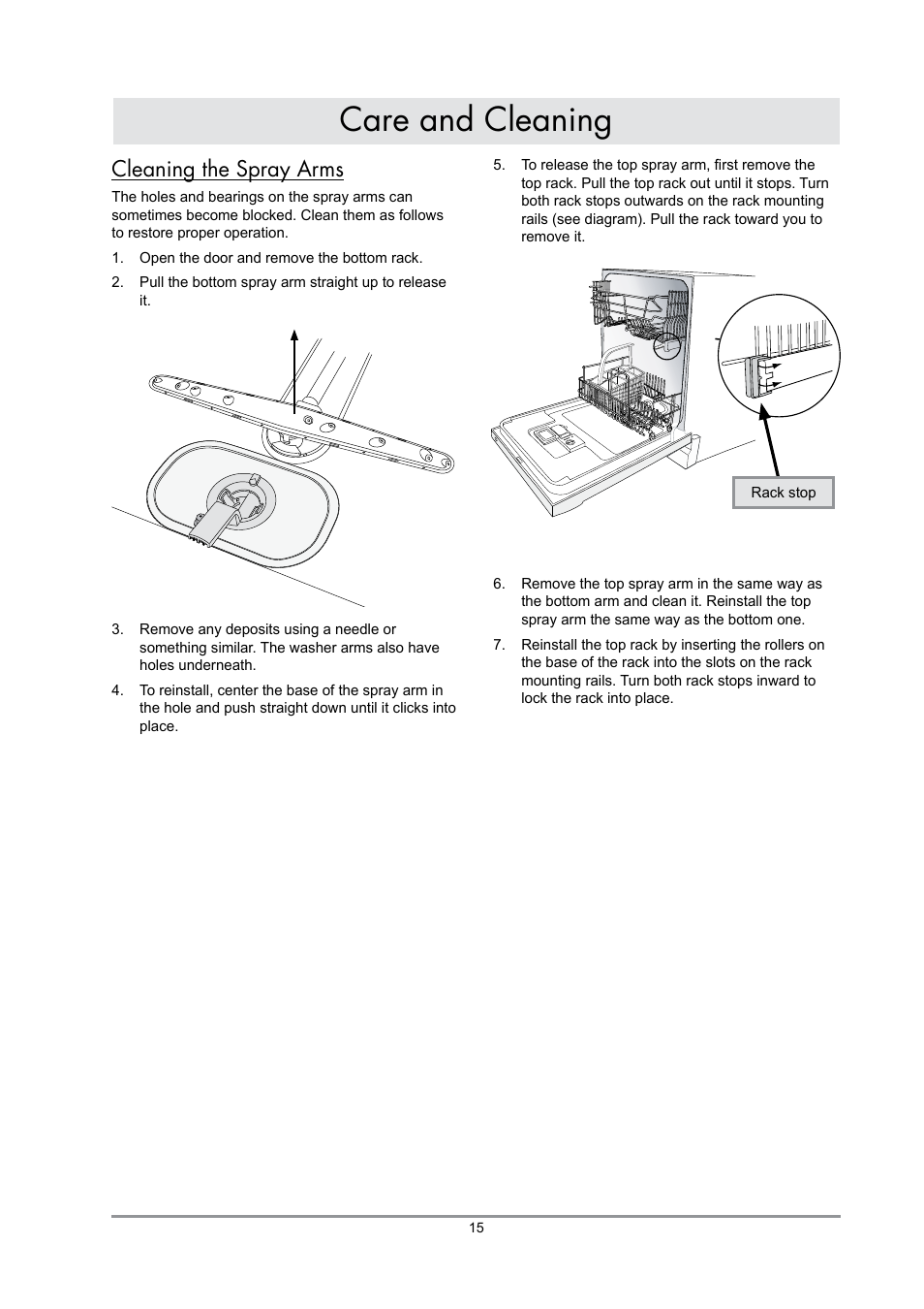 Care and cleaning, Cleaning the spray arms | Dacor DDWF24S User Manual | Page 17 / 24