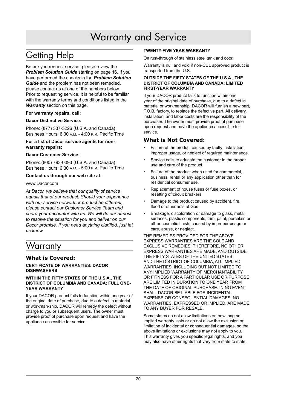 Warranty and service, Business reply mail, Getting help | Warranty | Dacor DDWF24S User Manual | Page 22 / 24