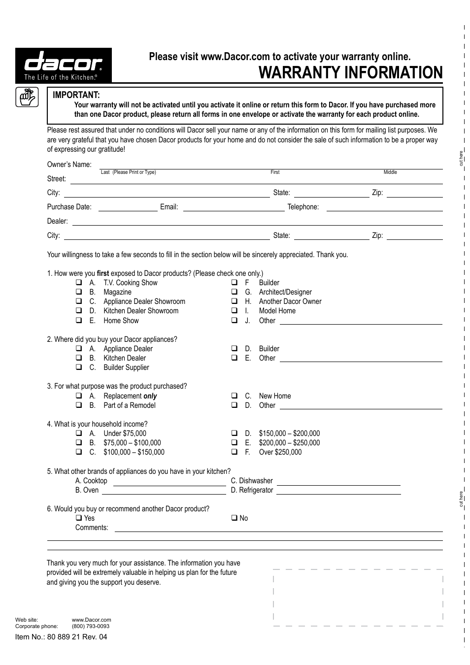 Warranty information, Important | Dacor DDWF24S User Manual | Page 24 / 24