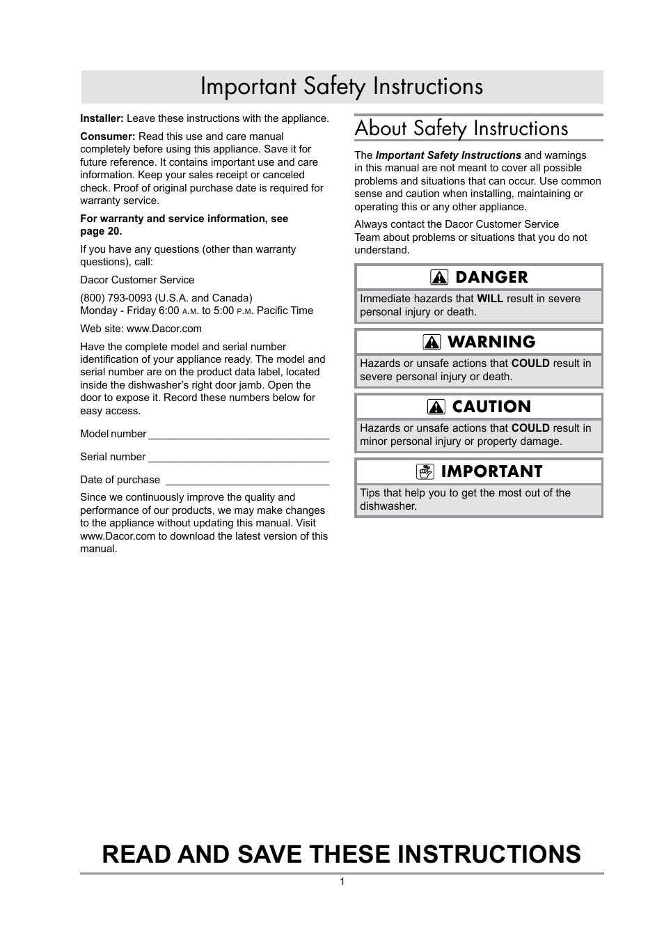 Read and save these instructions, Important safety instructions, About safety instructions | Danger, Warning, Caution, Important | Dacor DDWF24S User Manual | Page 3 / 24
