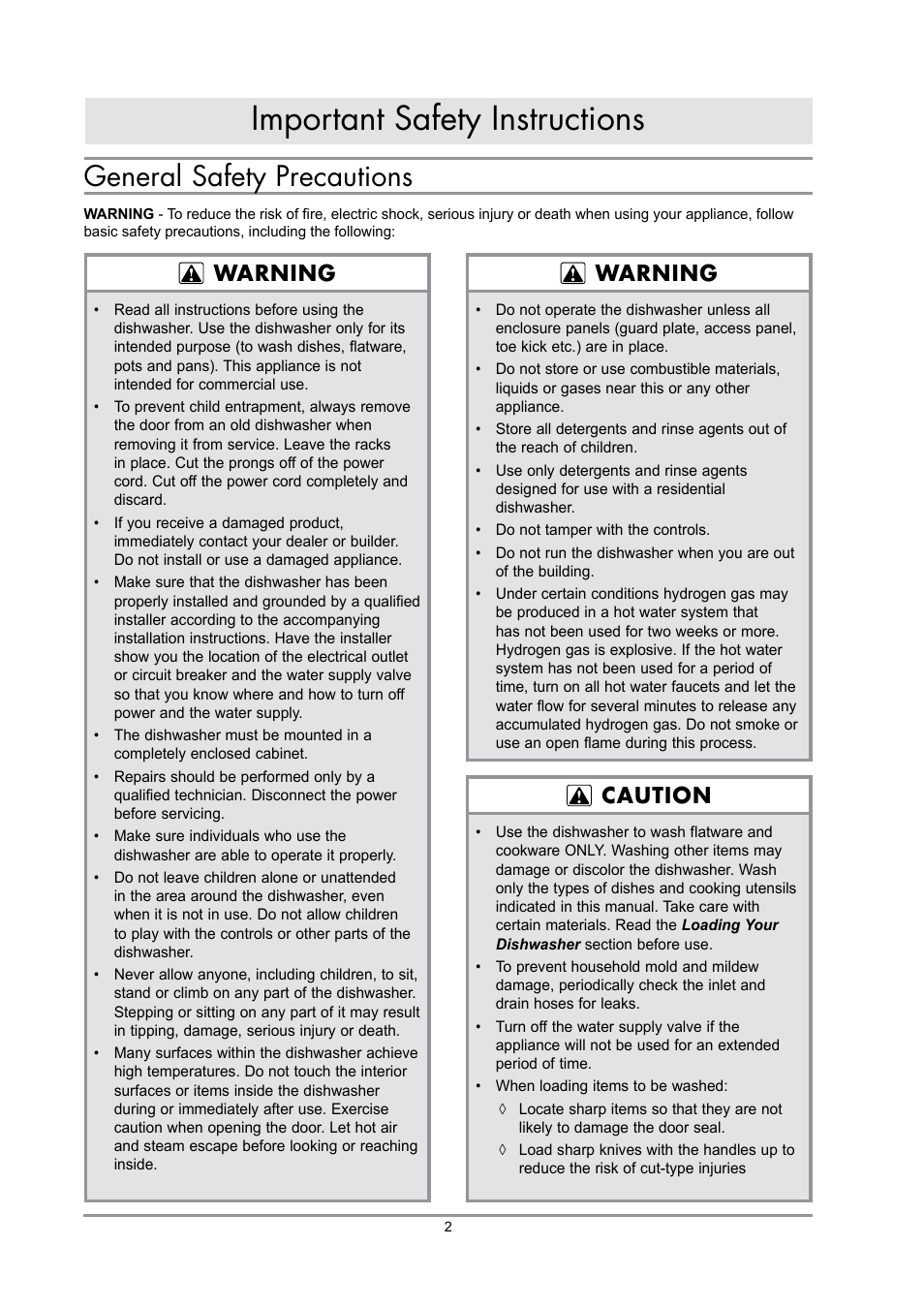 Important safety instructions, General safety precautions, Warning | Warning caution | Dacor DDWF24S User Manual | Page 4 / 24