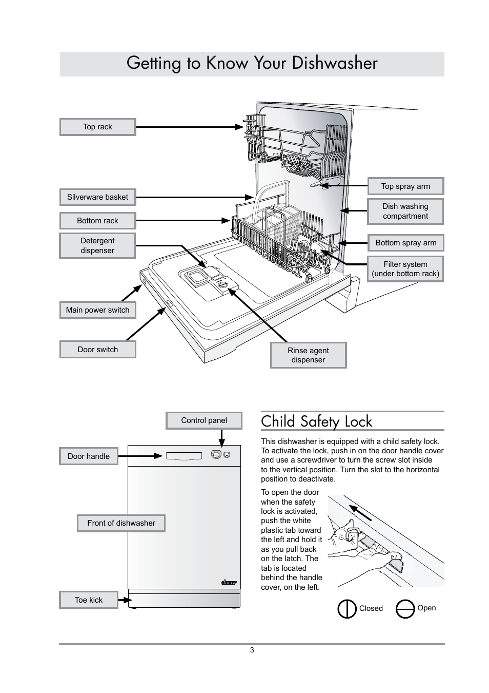 Getting to know your dishwasher, Child safety lock | Dacor DDWF24S User Manual | Page 5 / 24