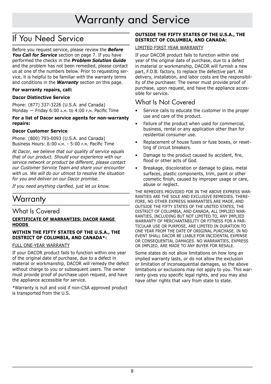 Warranty and service, If you need service, Warranty | What is covered, What is not covered | Dacor PREFERENCE PHW30 User Manual | Page 10 / 12