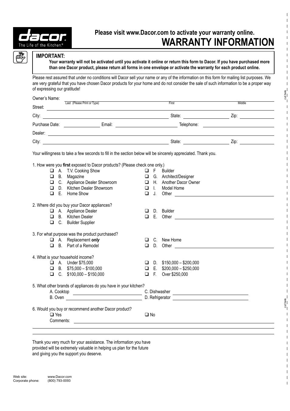 Warranty information | Dacor PREFERENCE PHW30 User Manual | Page 12 / 12