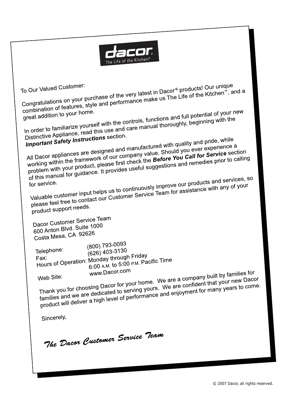 Dacor PREFERENCE PHW30 User Manual | Page 2 / 12