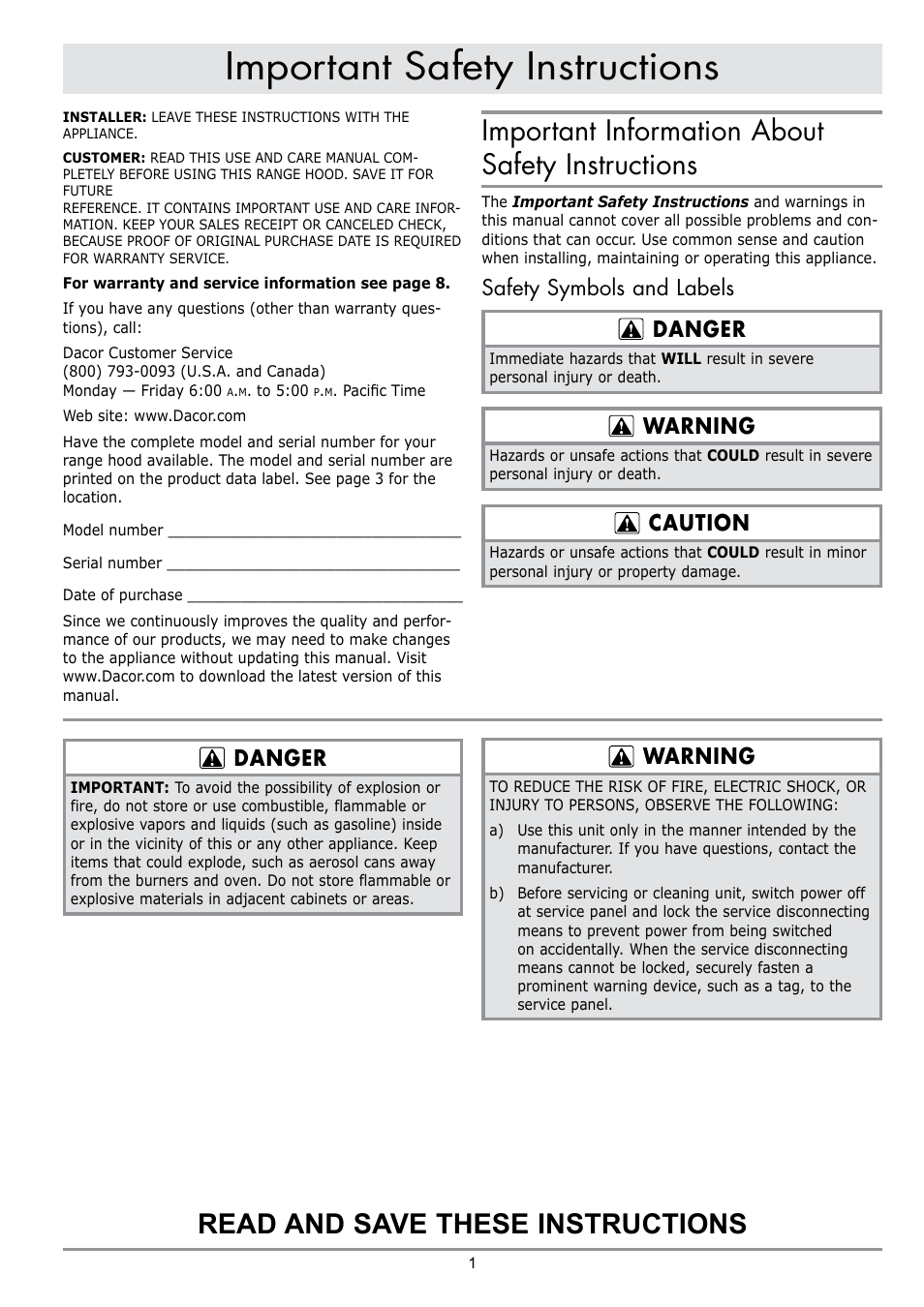 Important safety instructions, Important information about safety instructions, Read and save these instructions | Danger, Safety symbols and labels danger, Warning, Caution | Dacor PREFERENCE PHW30 User Manual | Page 3 / 12