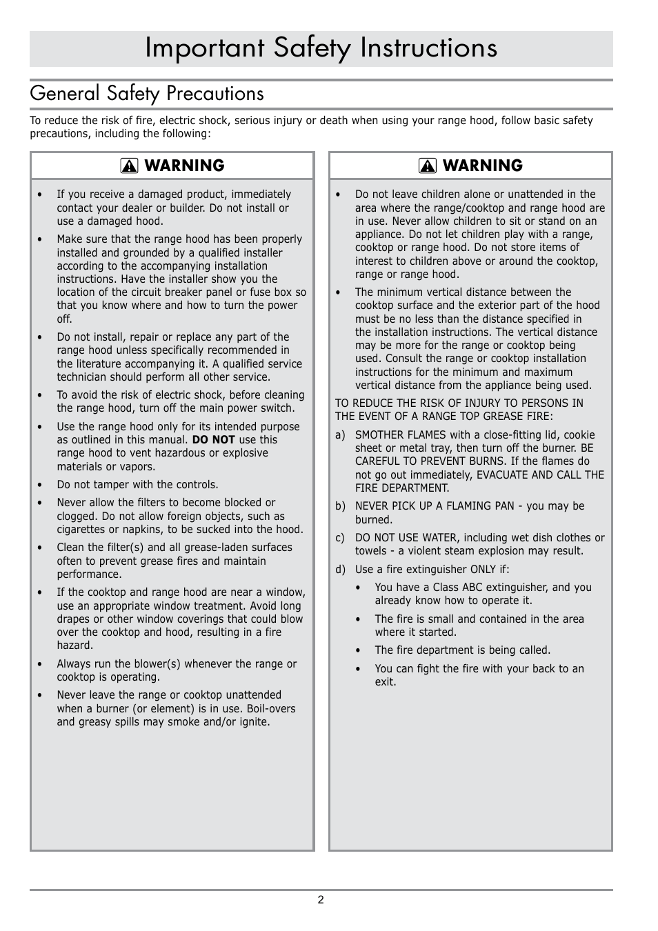 Important safety instructions, General safety precautions, Warning | Dacor PREFERENCE PHW30 User Manual | Page 4 / 12