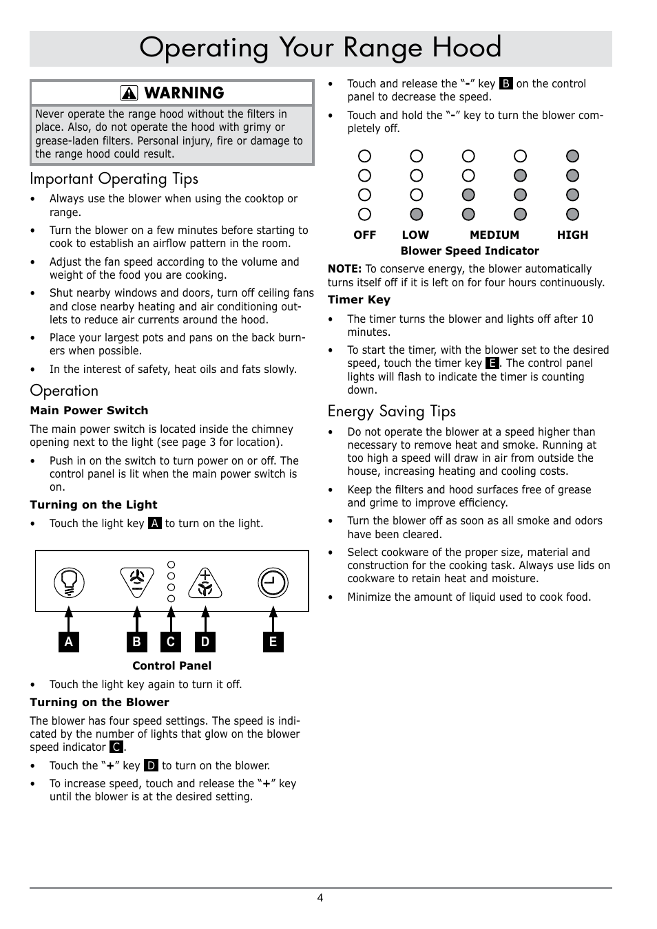 Operating your range hood, Warning, Important operating tips | Operation, Energy saving tips | Dacor PREFERENCE PHW30 User Manual | Page 6 / 12