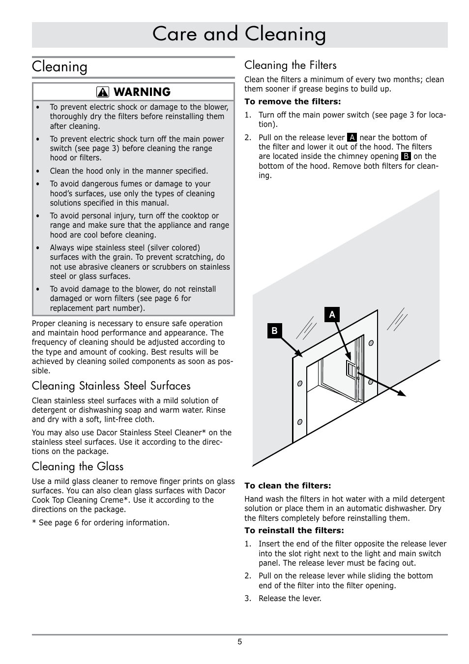 Care and cleaning, Cleaning, Warning | Cleaning stainless steel surfaces, Cleaning the glass, Cleaning the filters | Dacor PREFERENCE PHW30 User Manual | Page 7 / 12