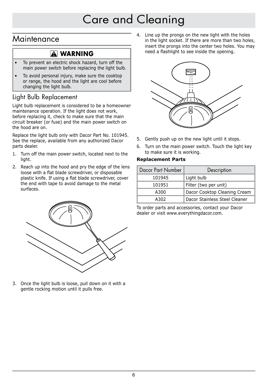 Care and cleaning, Maintenance, Warning | Light bulb replacement | Dacor PREFERENCE PHW30 User Manual | Page 8 / 12