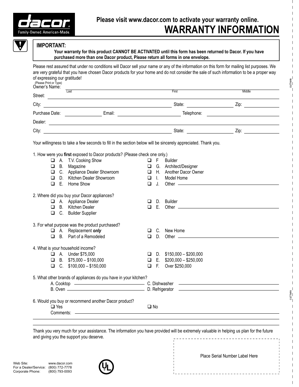 Warranty information | Dacor Epicure User Manual | Page 20 / 20
