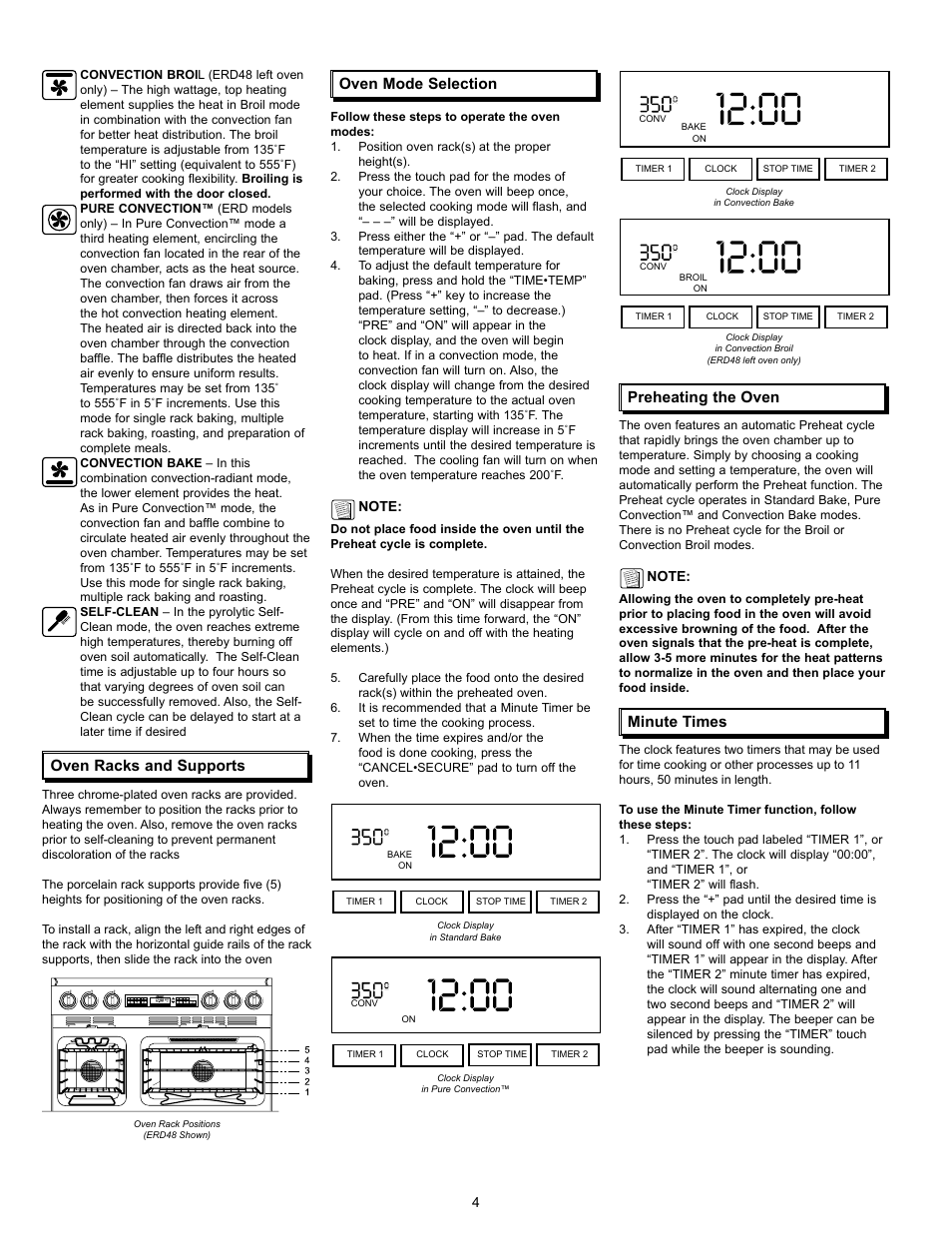 Oven racks and supports, Oven mode selection, Preheating the oven | Minute times | Dacor Epicure User Manual | Page 6 / 20