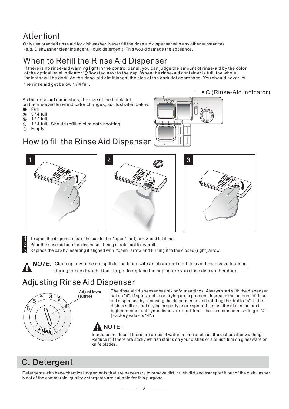 Adjusting rinse aid dispenser, When to refill the rinse aid dispenser, C. detergent | Attention, How to fill the rinse aid dispenser | Candy CDCP 6/E-07 User Manual | Page 10 / 26