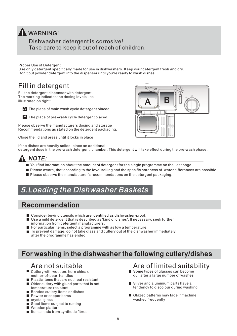 Loading the dishwasher baskets, Fill in detergent, Are not suitable are of limited suitability | Recommendation | Candy CDCP 6/E-07 User Manual | Page 12 / 26