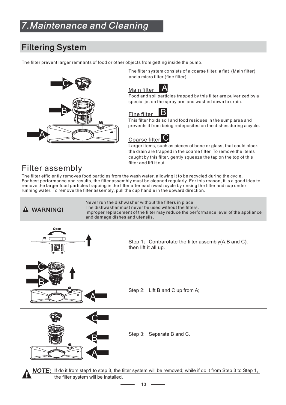 Maintenance and cleaning, Cb a, Filtering system filter assembly | Candy CDCP 6/E-07 User Manual | Page 17 / 26