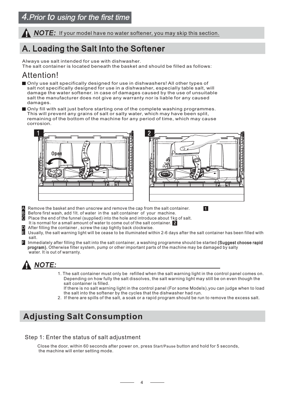 Attention, A. loading the salt into the softener, Adjusting salt consumption | Prior using for the first time | Candy CDCP 6/E-07 User Manual | Page 8 / 26