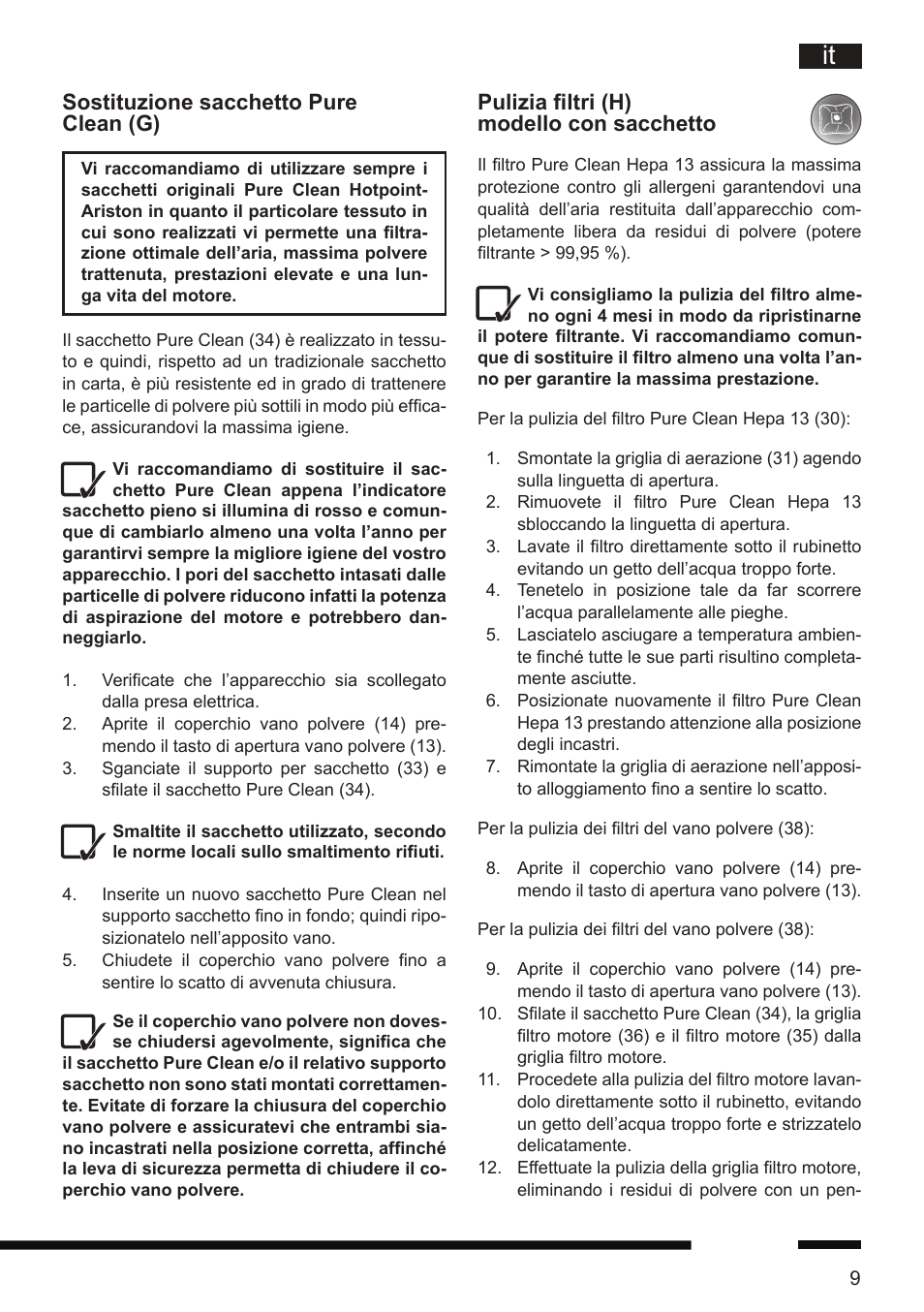 Pulizia filtri (h) modello con sacchetto, Sostituzione sacchetto pure clean (g) | Hotpoint Ariston SL D16 APR User Manual | Page 10 / 86