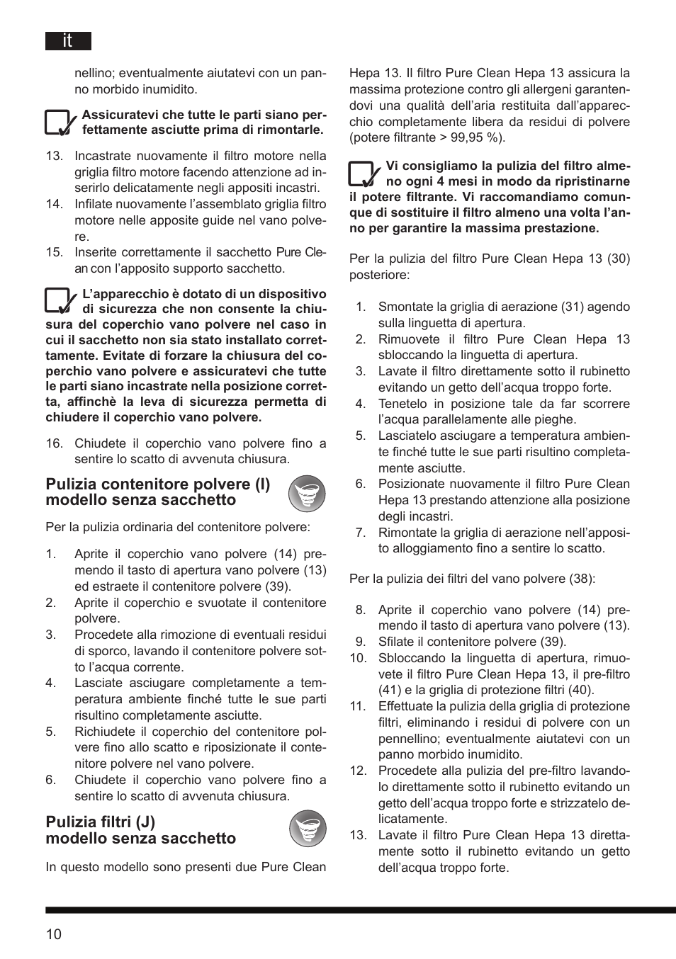 Pulizia filtri (j) modello senza sacchetto | Hotpoint Ariston SL D16 APR User Manual | Page 11 / 86