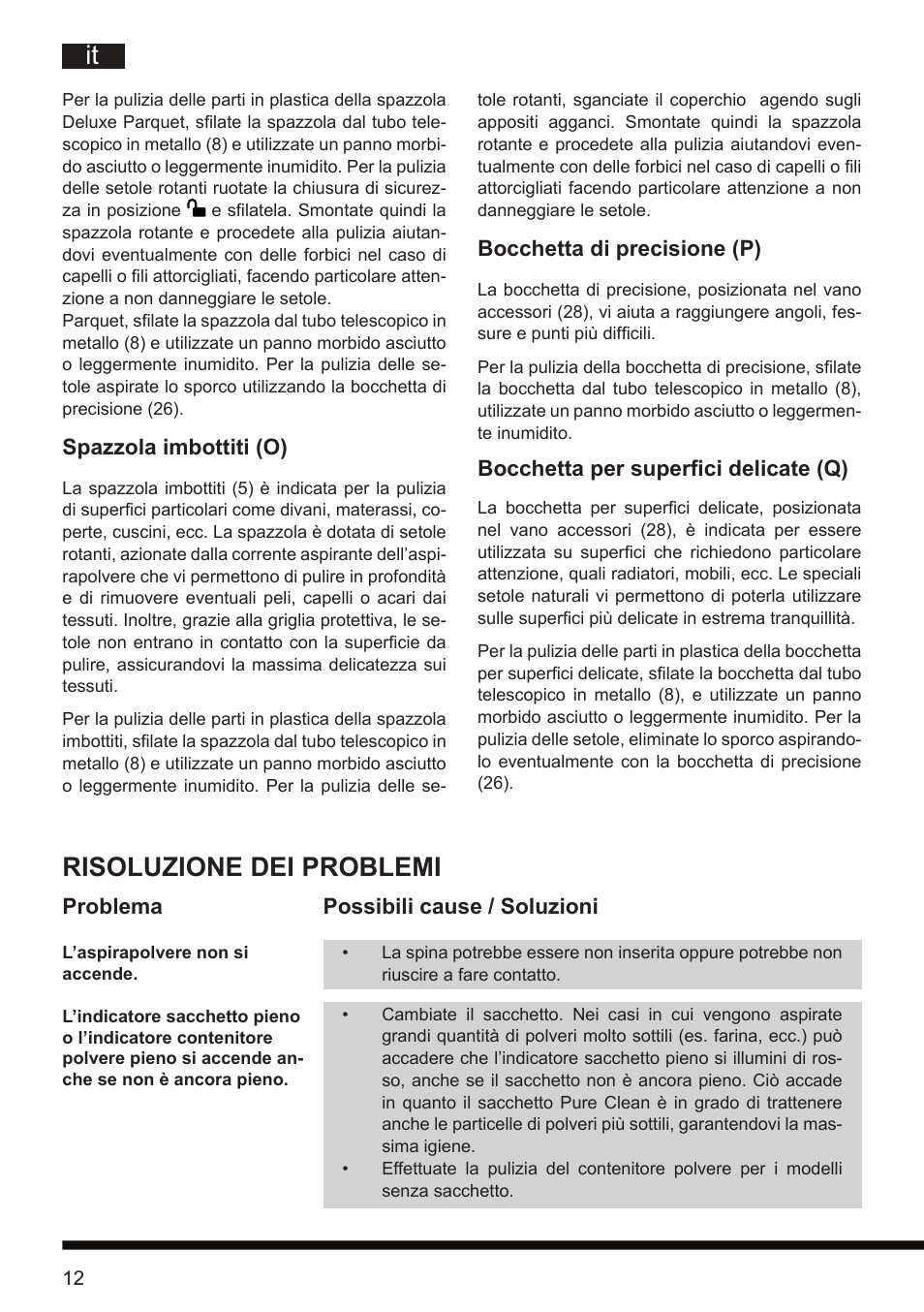 Risoluzione dei problemi, Bocchetta di precisione (p), Bocchetta per superfici delicate (q) | Spazzola imbottiti (o), Problema possibili cause / soluzioni | Hotpoint Ariston SL D16 APR User Manual | Page 13 / 86